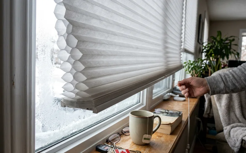 Side view of a double-cell honeycomb shade showing the trapped air pockets