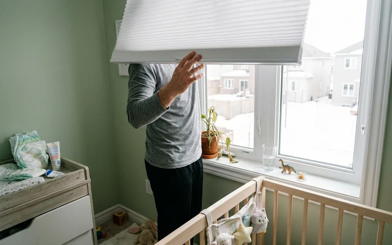 Close-up of a cordless lift bottom rail in an Ottawa nursery