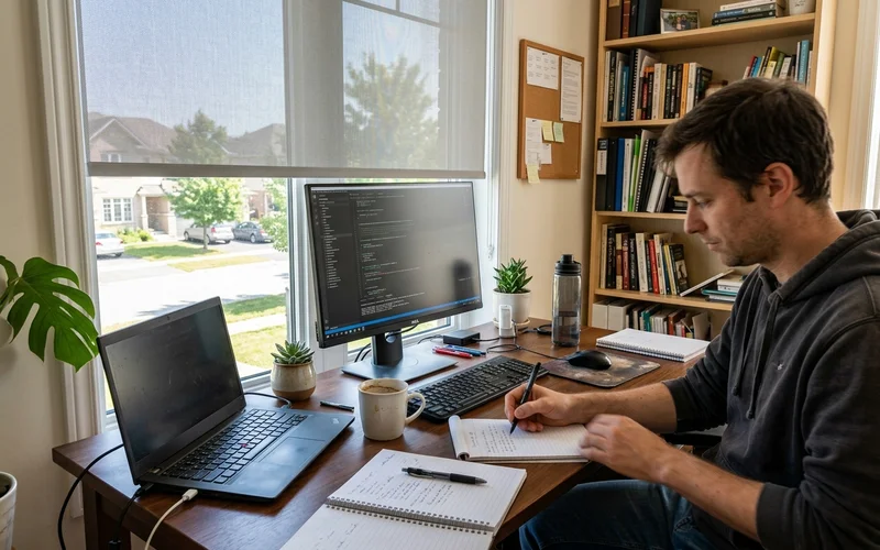 Kanata North home office with a solar roller shade cutting glare on a monitor