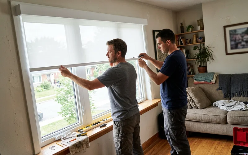 Close-up of a roller blind cassette valance and hem bar on an Ottawa living room window