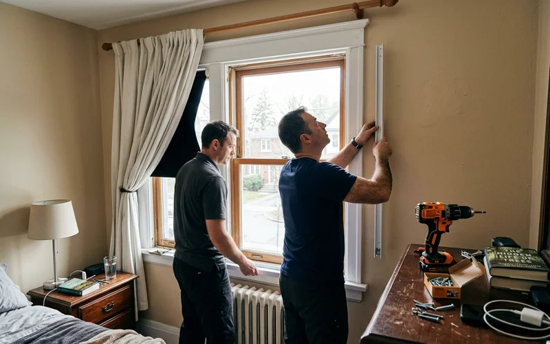 Installer fitting a side channel track for a blackout blind in an Ottawa bedroom