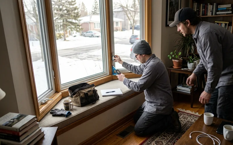 Installer templating the angle of an Ottawa bay window corner