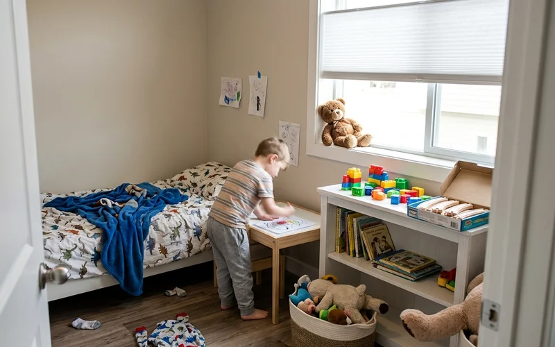 Jackson Trails kids bedroom with a cordless cellular shade raised halfway