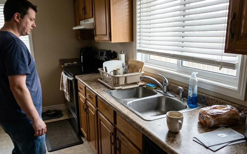 Bells Corners split-level kitchen with white faux wood blinds over the sink window
