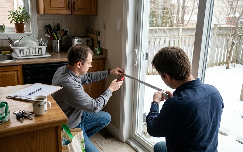 Measurer checking handle clearance on an Ottawa sliding patio door