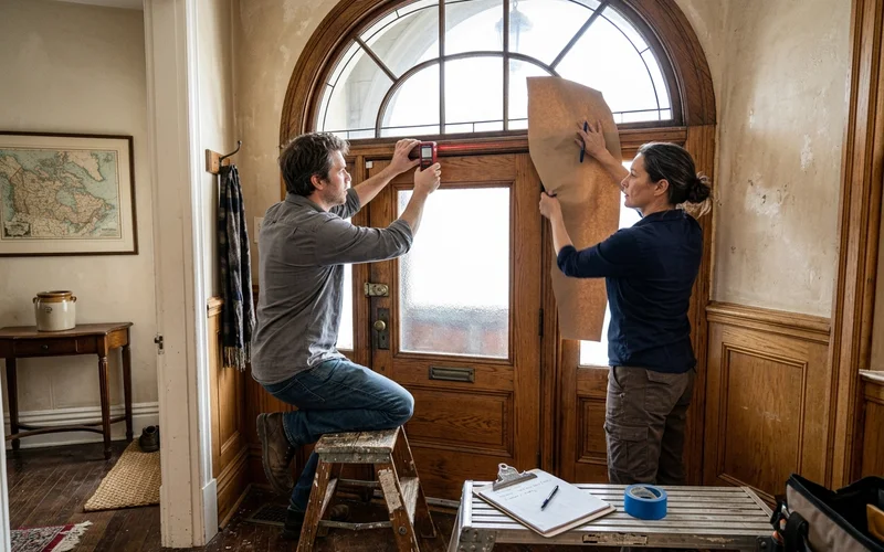 Measurer laser templating an arched window in an Ottawa home