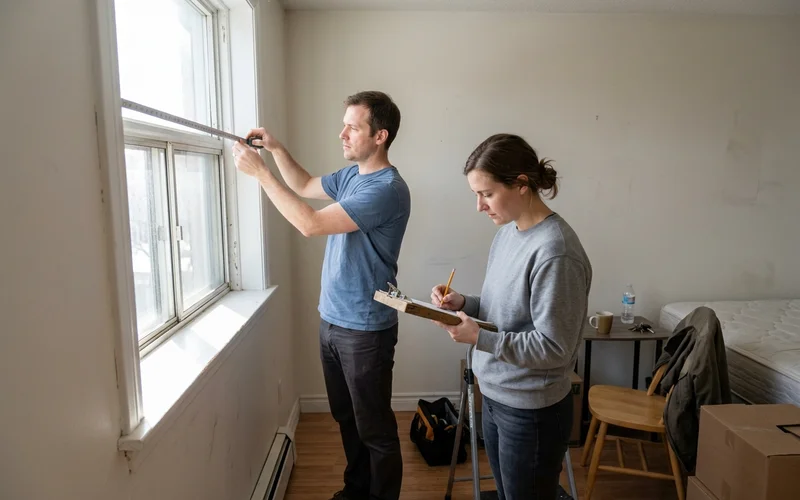 Measurer recording window size for vinyl blinds in an Ottawa rental unit