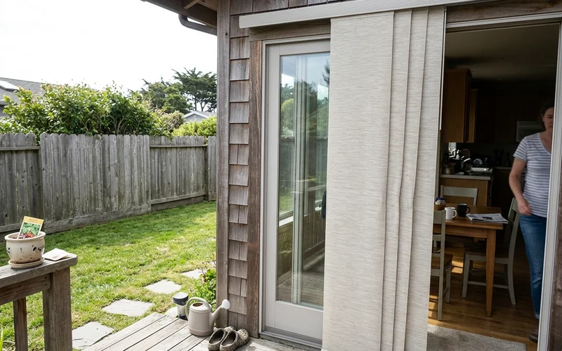 Half Moon Bay patio door with a fabric panel track shade stacked to one side