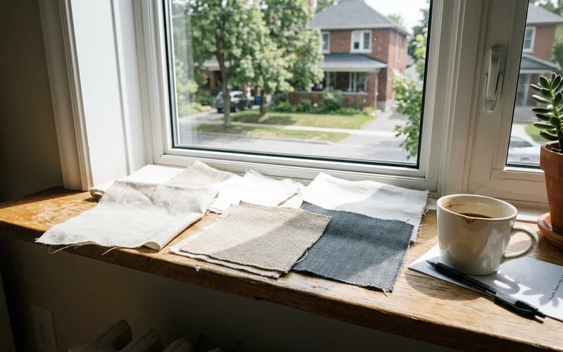 Roman shade fabric samples laid out on an Ottawa windowsill