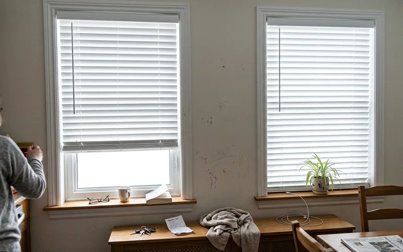 Stock blind sitting short with a light gap next to a custom measured blind fitting tight