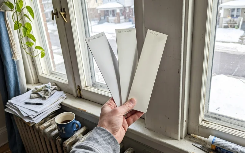 Bright white, off-white and cream samples held against Ottawa window trim