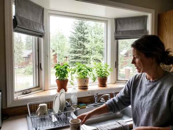 Box bay window over a kitchen sink in Island Park with roman shades