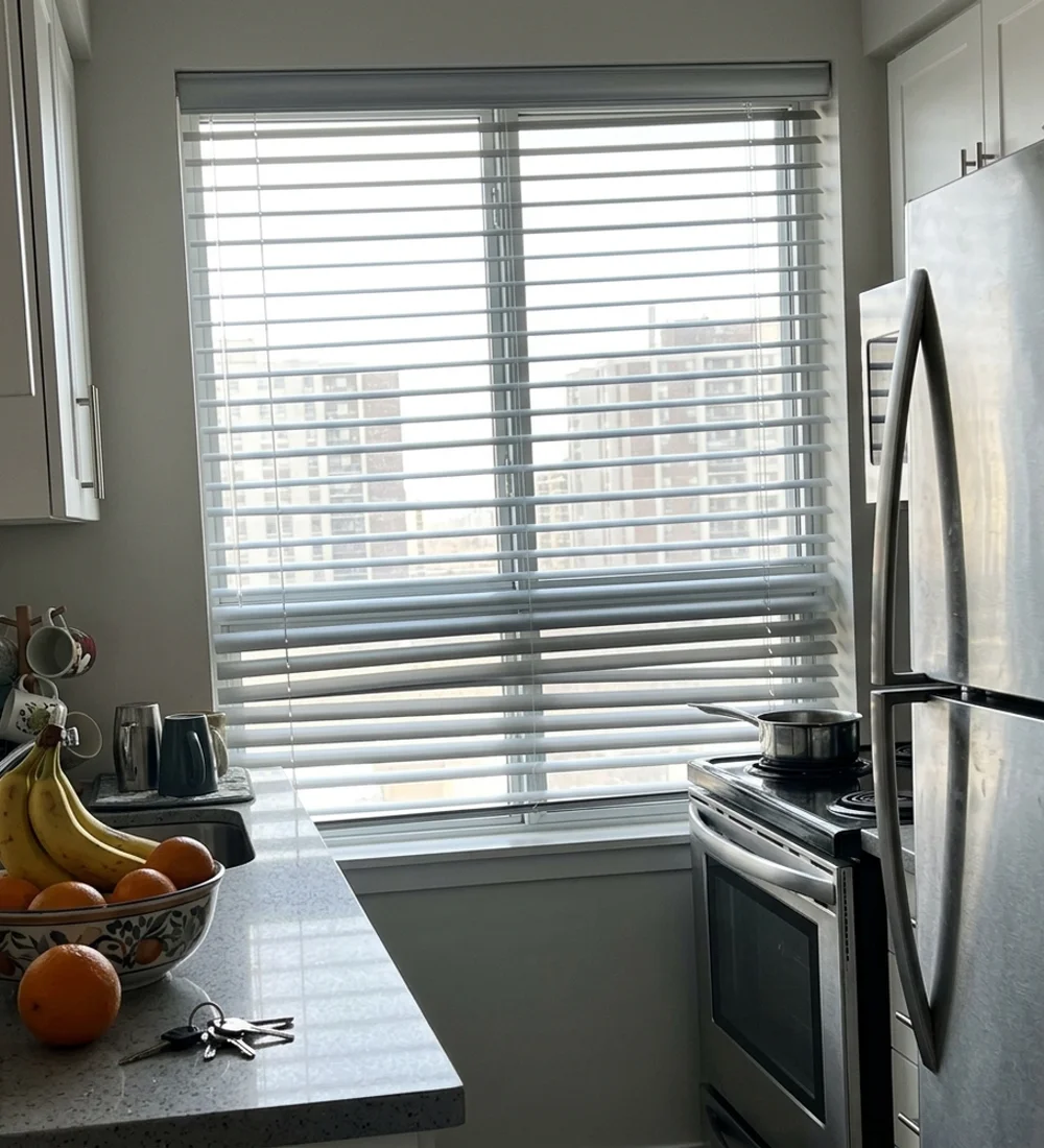 Brushed silver aluminum venetian blinds on an Ottawa condo kitchen window