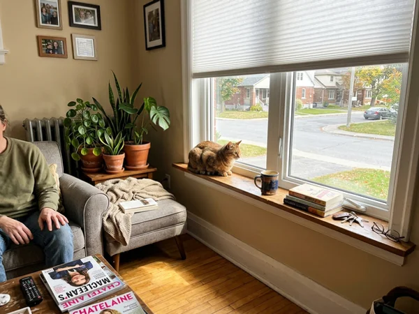 Cat on a windowsill under a cordless cellular shade in an Ottawa living room