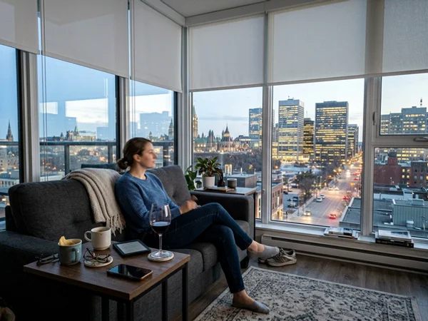 Centretown condo unit with motorized roller shades on floor-to-ceiling windows
