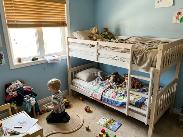 Cordless faux wood blind half raised in an Orleans kids bedroom