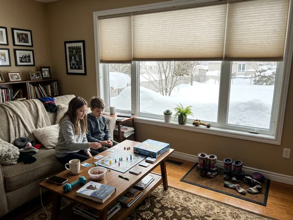 Double-cell honeycomb shades on north-facing windows in a Kanata Lakes family room