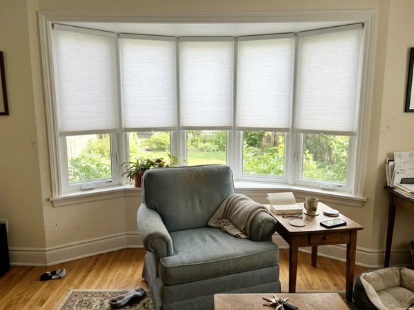 Five-pane bow window in Merivale with cellular shades on each pane