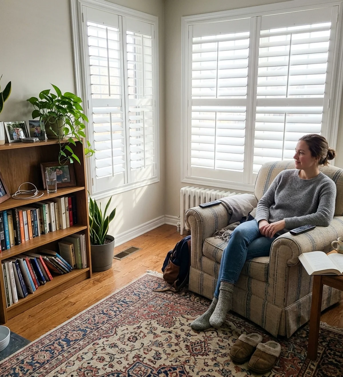 Front room of a Stittsville home with white hardwood plantation shutters, louvers tilted open