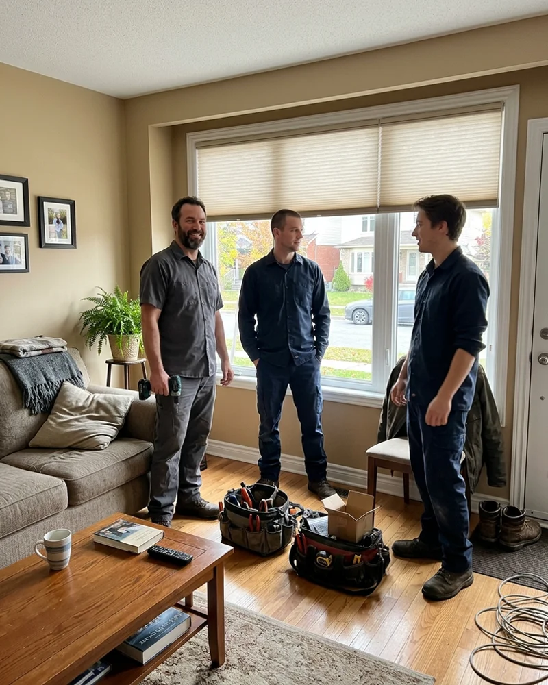 Three Window Blinds Ottawa installers in a finished living room beside new cellular shades