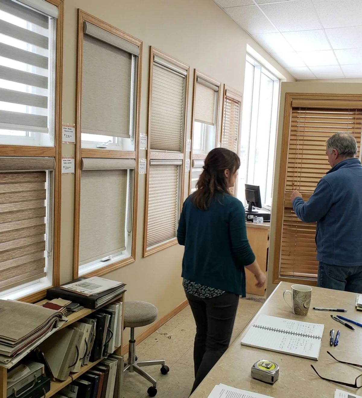 Nepean window covering showroom with working displays of zebra, roller, cellular and wood blinds