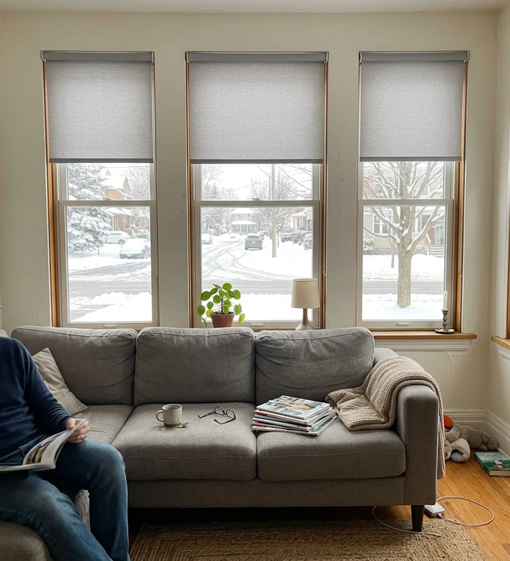 Light grey fabric roller blinds half lowered on living room windows in an Ottawa home