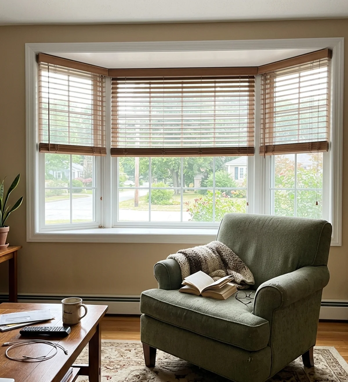 1960s Gloucester bay window with three matching wood blinds meeting cleanly at the corners