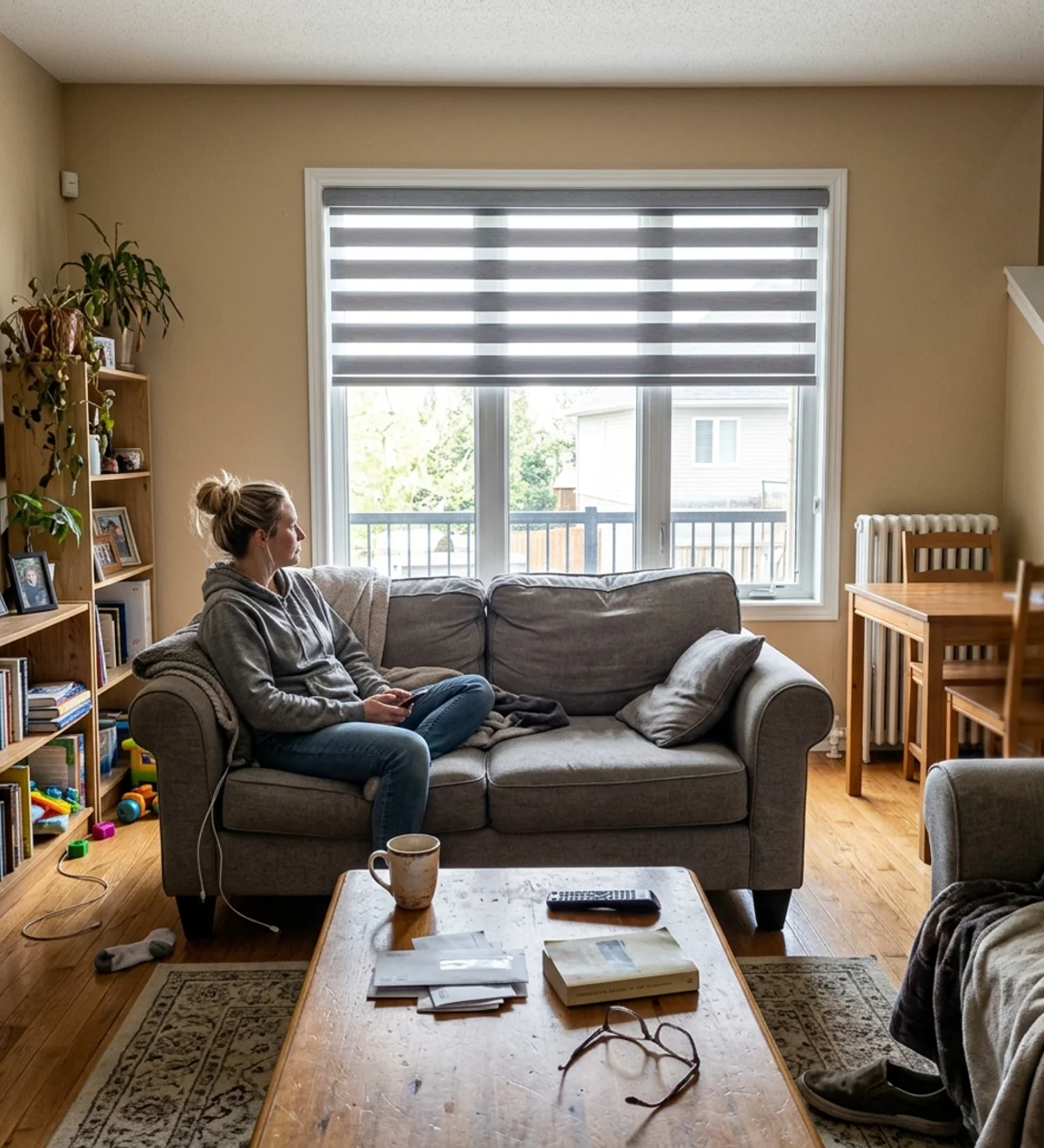 Orleans living room with grey zebra blinds showing alternating sheer and solid bands