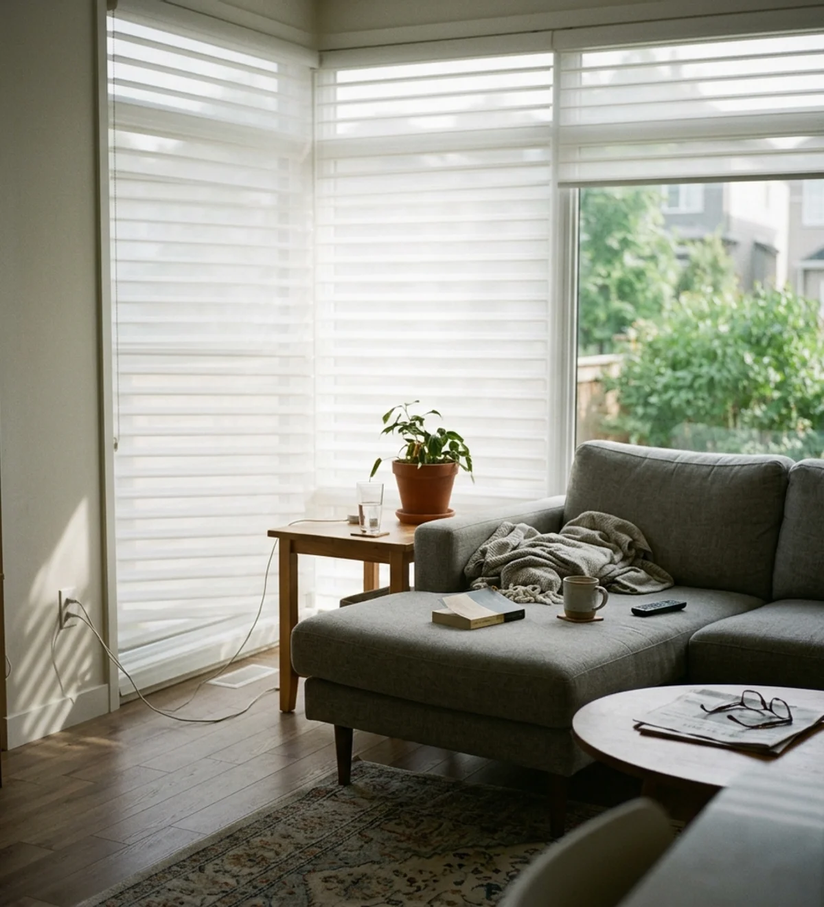 Modern Westboro infill living room with sheer horizontal shadings on floor-to-ceiling glass