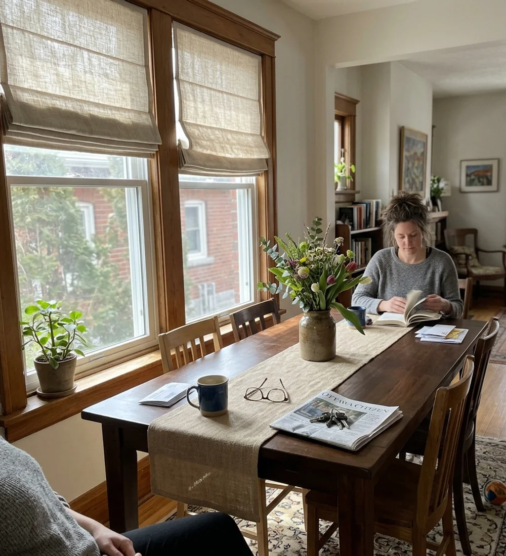 Natural linen flat fold roman shades half raised in an Ottawa dining room