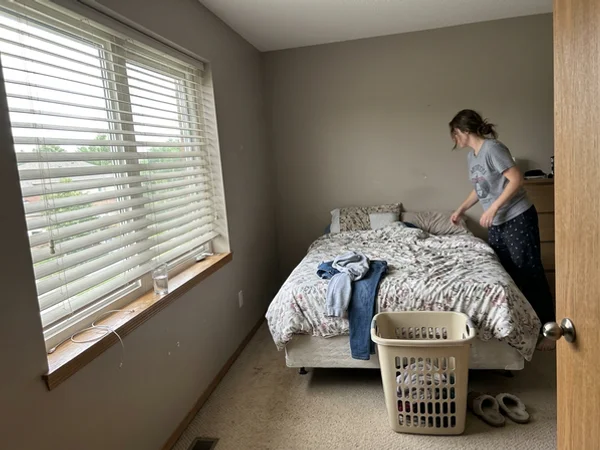 Off-white faux wood blinds on north-facing bedroom windows in Nepean