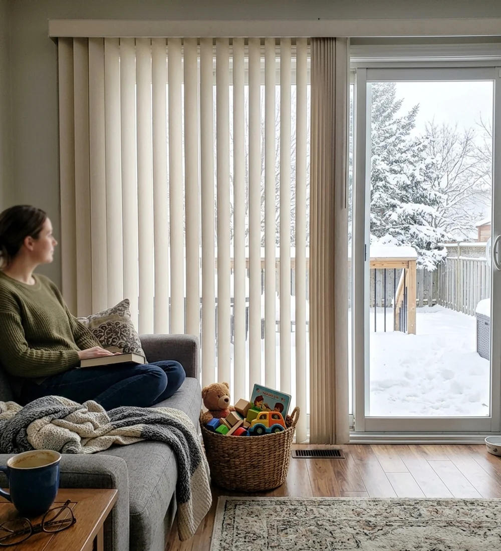 Beige fabric vertical blinds on a wide sliding patio door in an Ottawa family room