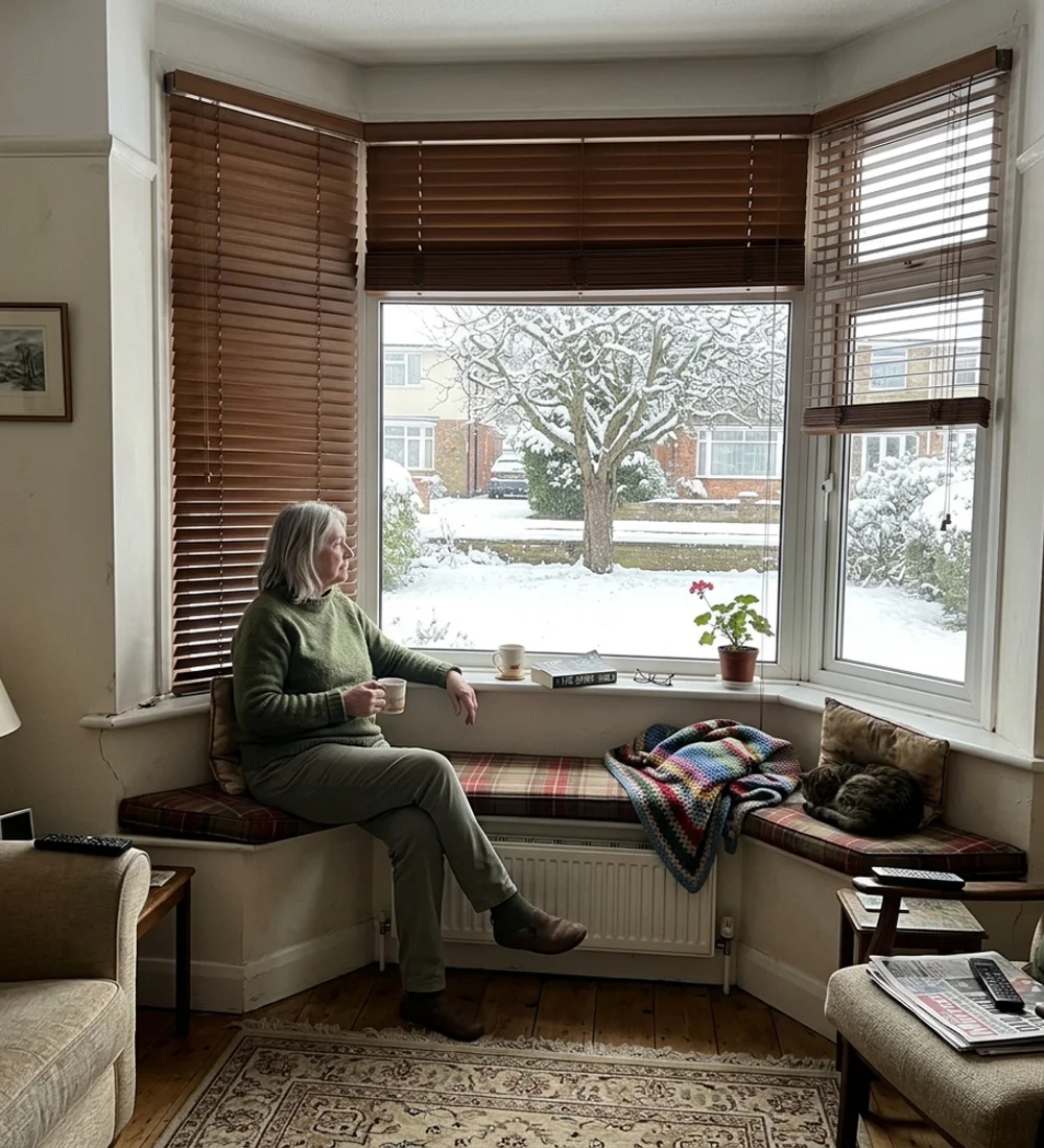 Angled bay window in a 1960s Gloucester living room with matching wood blinds
