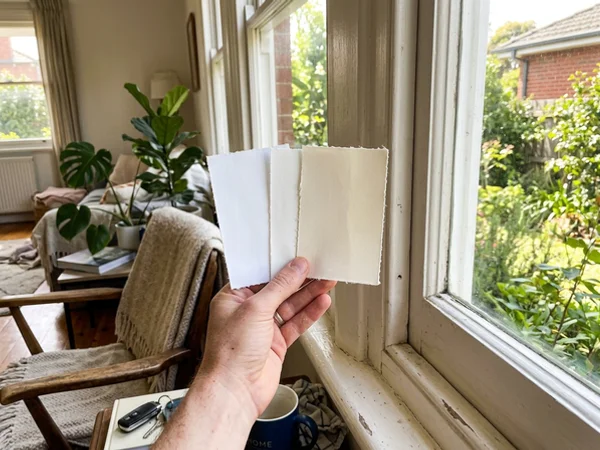 Bright white, off-white and cream blind samples against warm white trim