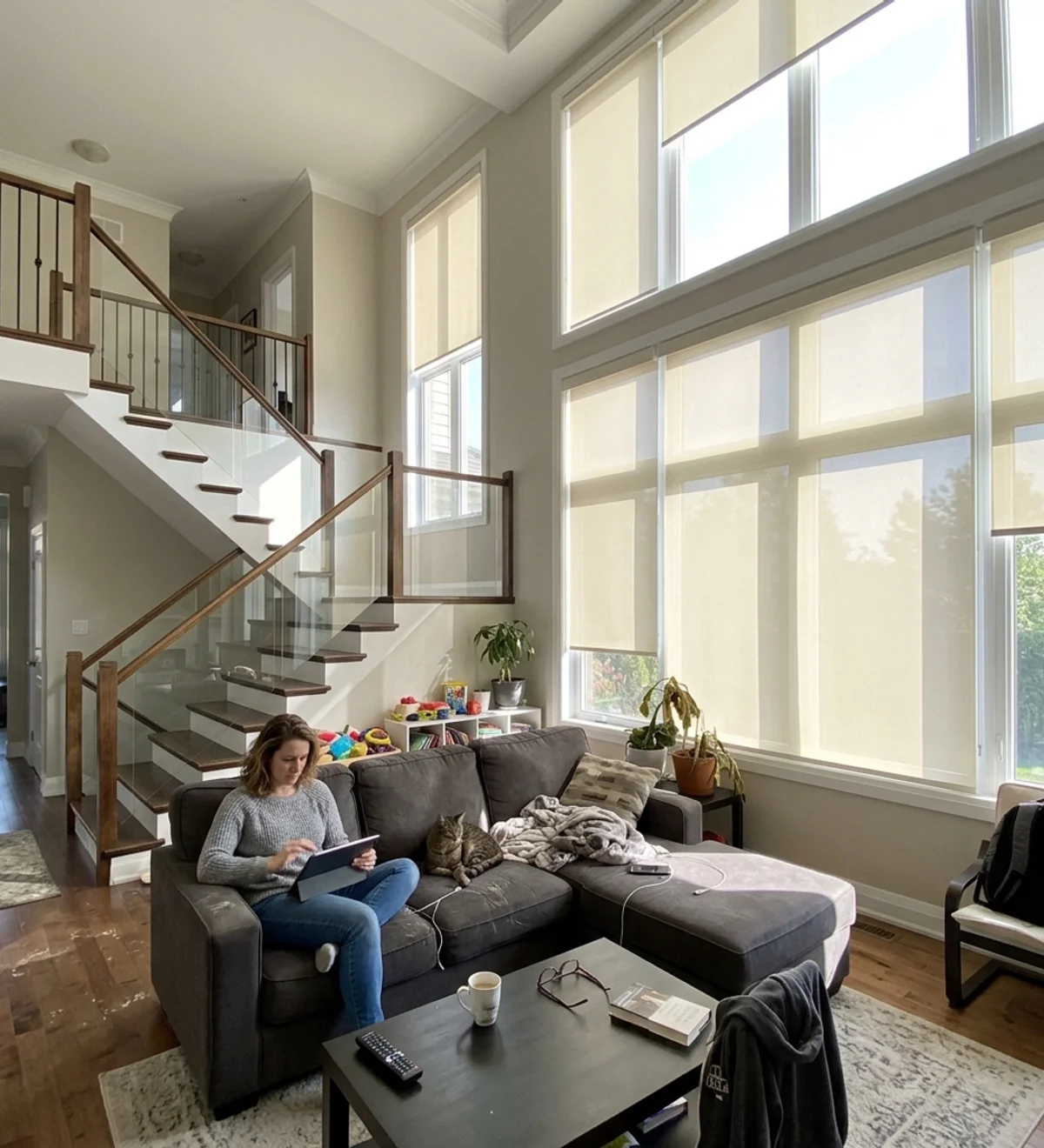 Two-storey great room in a Kanata Lakes home with tall motorized roller shades half lowered