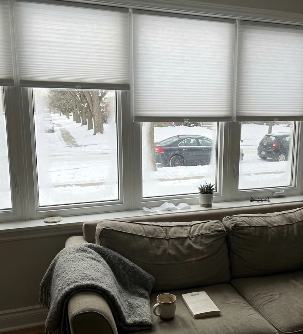 White cordless honeycomb cellular shades on frosty Ottawa living room windows in winter