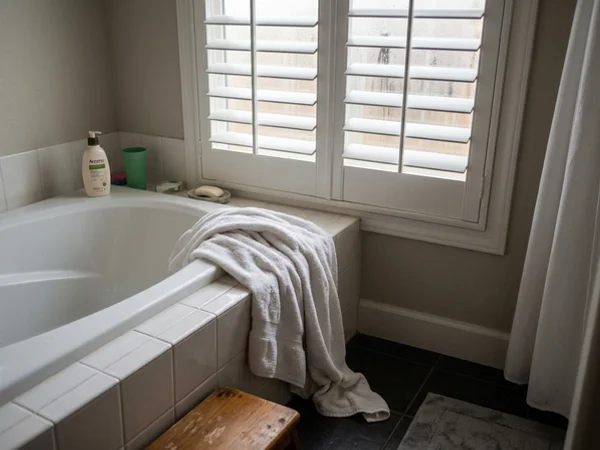 Polyresin shutters on a bathroom window in a Jackson Trails home